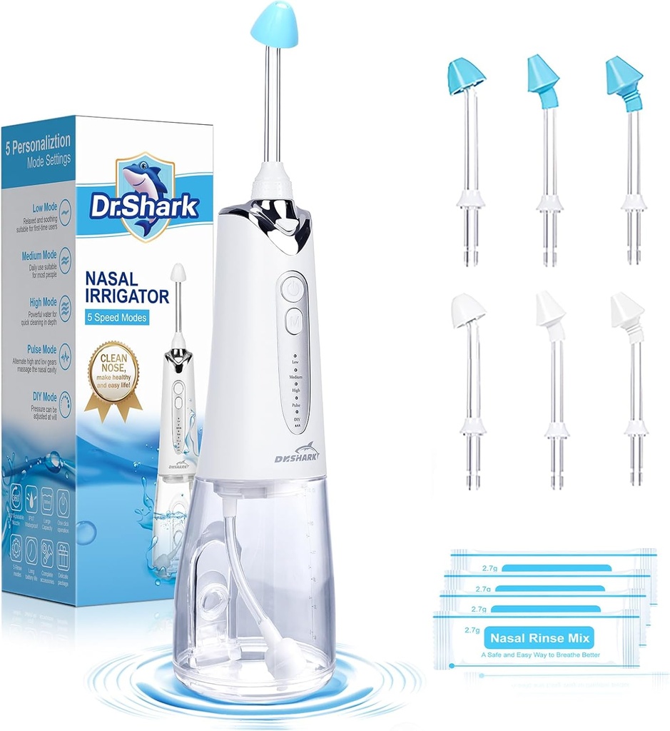 DR.SHARK Cordless Nasal Bewässerungssystem, Elektrischer Netztopf für Sinus, Nasenreiniger, Sinus Cleaner Machine, 5 Modi Nasenspülmaschine