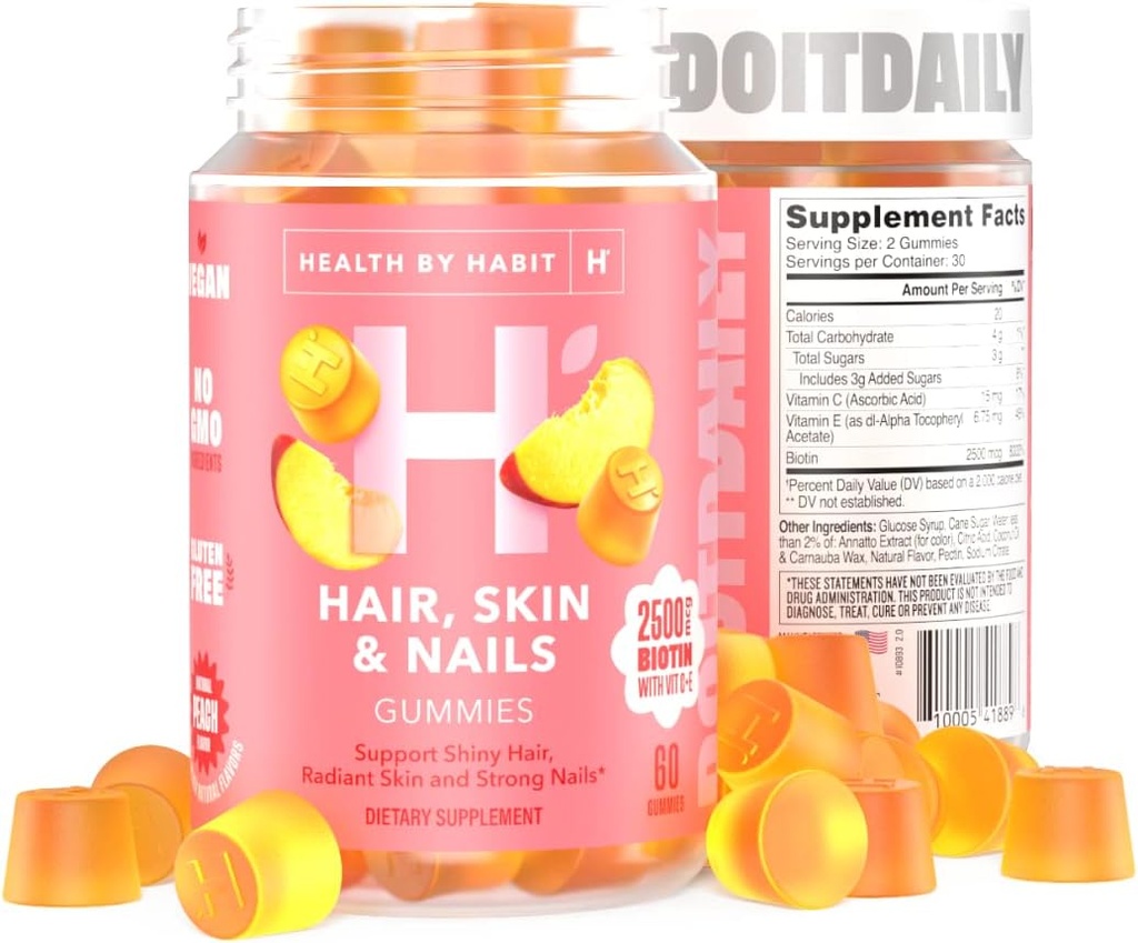 Gesundheit von Habit Haar, Haut und Nägel Beilage (60 Gummi) - 2500mcg Biotin, Vitamin C, Vitamin E, starke Nägel, Peach Flavor, Vegan, Glutenfrei, Non-GMO