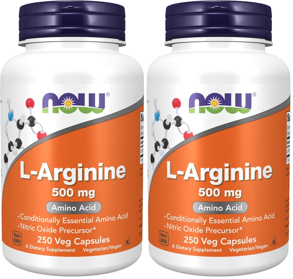 JETZT Ergänzungen, L-Arginin 500 mg, Nitric Oxid Precursor*, Aminosäure, 250 Veg Kapseln (Pack von 2)