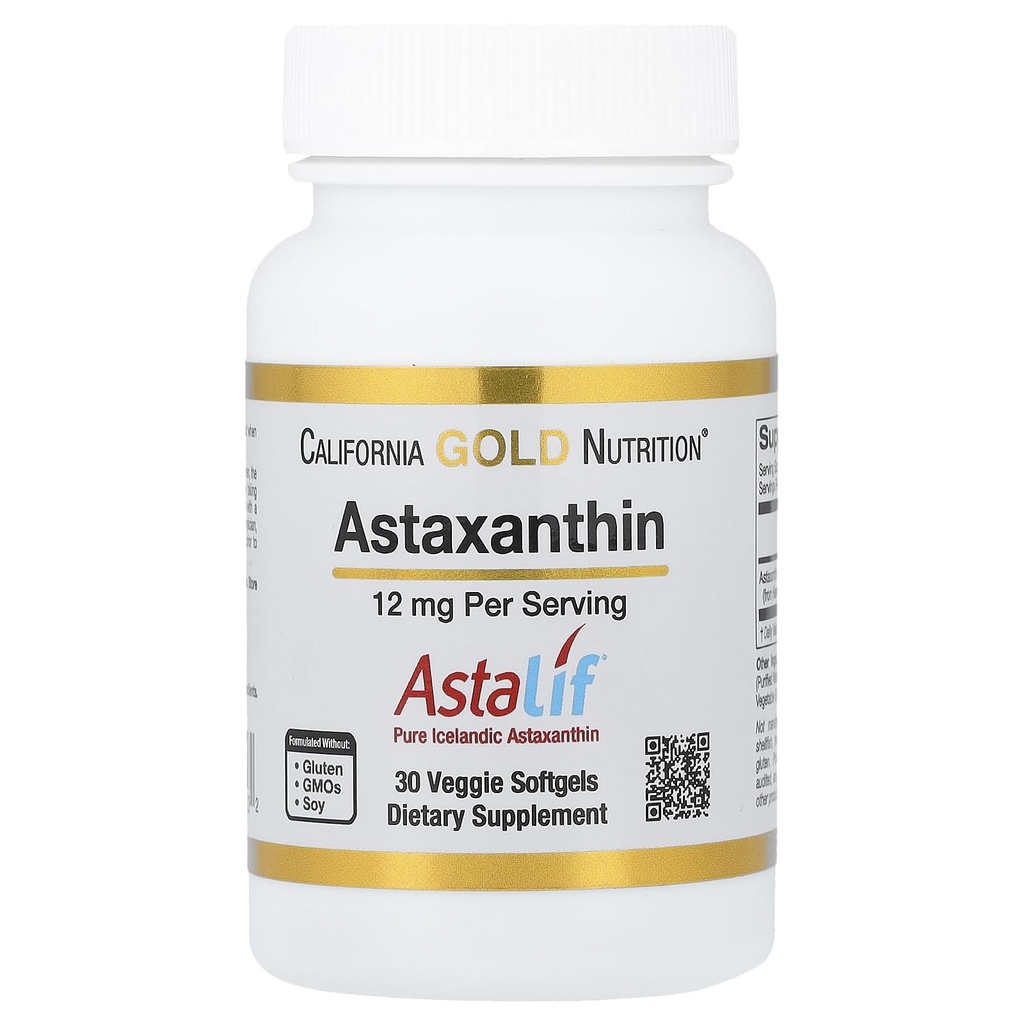 Astaxanthine by California Gold Nutrition - Avec AstaLif® Astaxanthine islandaise pure - Sans gluten, non-OGM - 12 mg - 30 softgels végétariens
