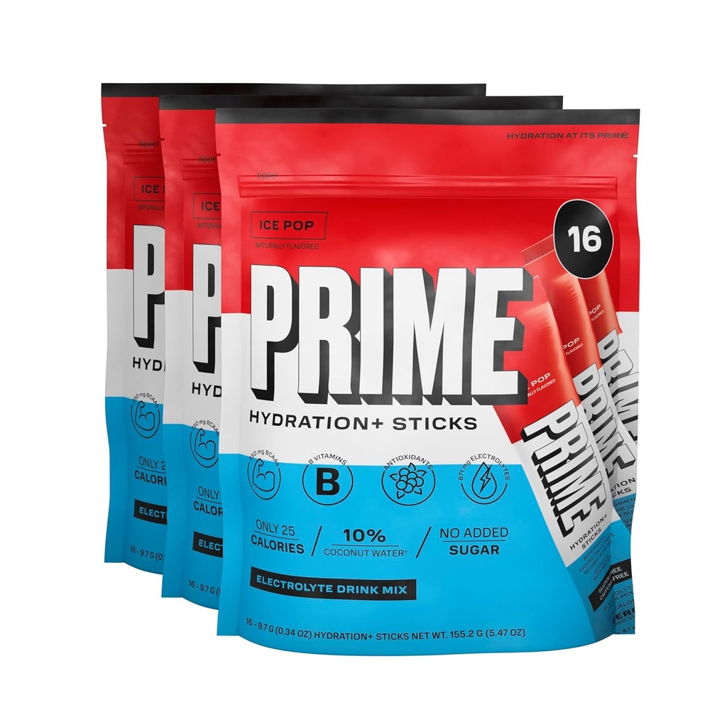 PRIME HYDRATION+ Sticks ICE POP | Hydration Pulver Single Serve Sticks | Elektrolytpulver auf dem Go | Low | Caffeine-Free | Vegan | 48 Sticks