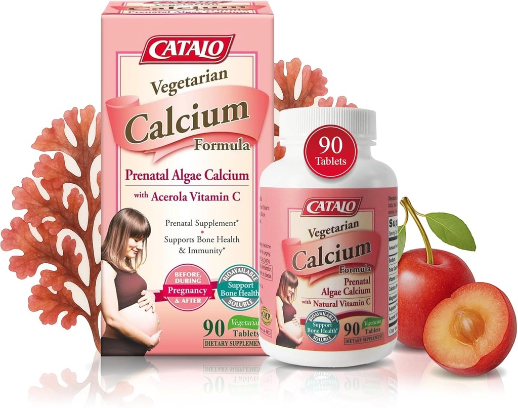 CATALO Vegetarische Kalziumergänzungsmittel für Damen - Pflanzenbasiertes Rotes Algen Kalzium mit Magnesium & Vitamin C für verbesserte Absorption - 90 Tabletten