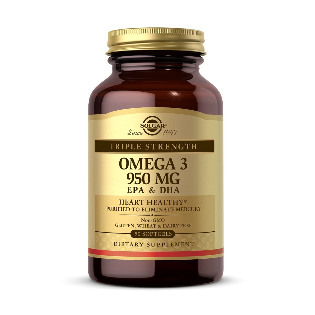Solgar Triple Strength Omega 3 950 mg - 50 Softgels - Soutient la santé des articulations et de la peau - Non-OGM, sans gluten, sans lait - 50 portions