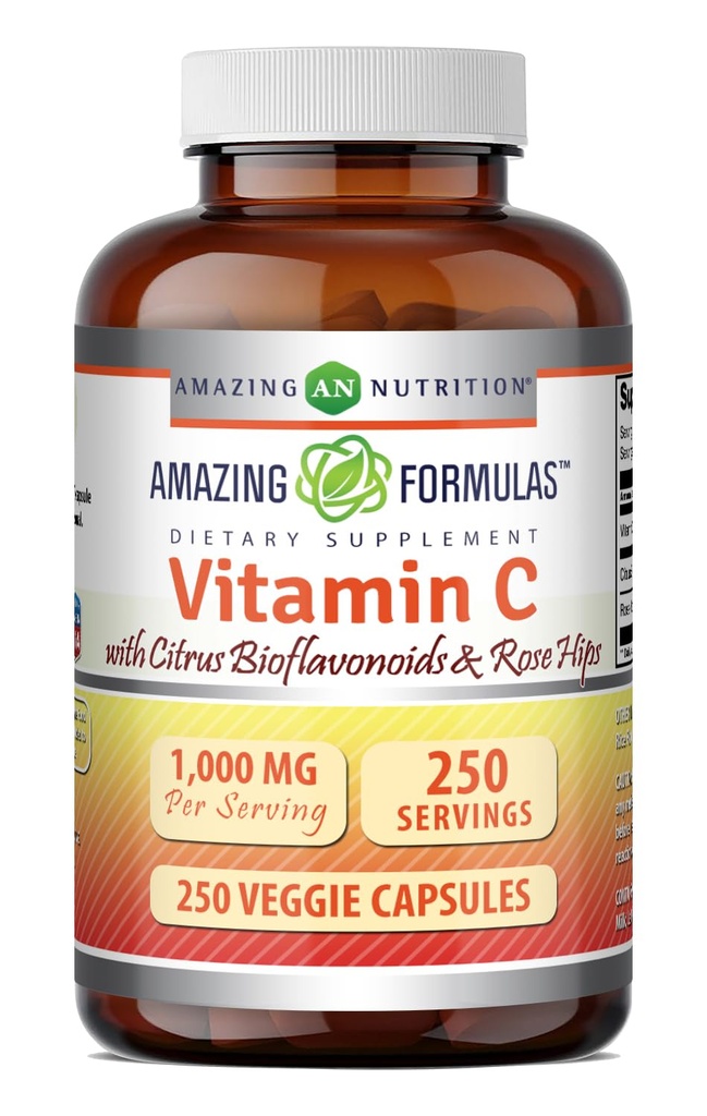 Erstaunliche Formeln Vitamin C mit Rose HIPS & Citrus Bioflavonoids | 1000 Mg pro Servierergänzung | 250 Veggie Kapseln | Non-GMO | Gluten-Free | Made in USA
