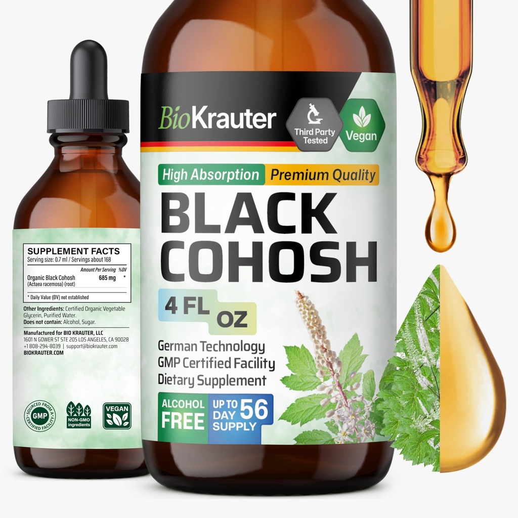 BIO KRAUTER Black Cohosh Tincture - Vegan Black Cohosh ergänzt Frauen Unterstützung - Alkohol und Zucker kostenlos - 4 Fl.Oz.