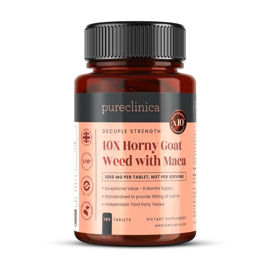 pureclinica 10X Horny Goat Weed & Maca Extrakt 6250mg x 180 Tabletten (6 Monate Versorgung) -10 X Mehr Icariins - w/5mg Schwarz Pfeffer Extrakt für 300% Erhöhte Absorption