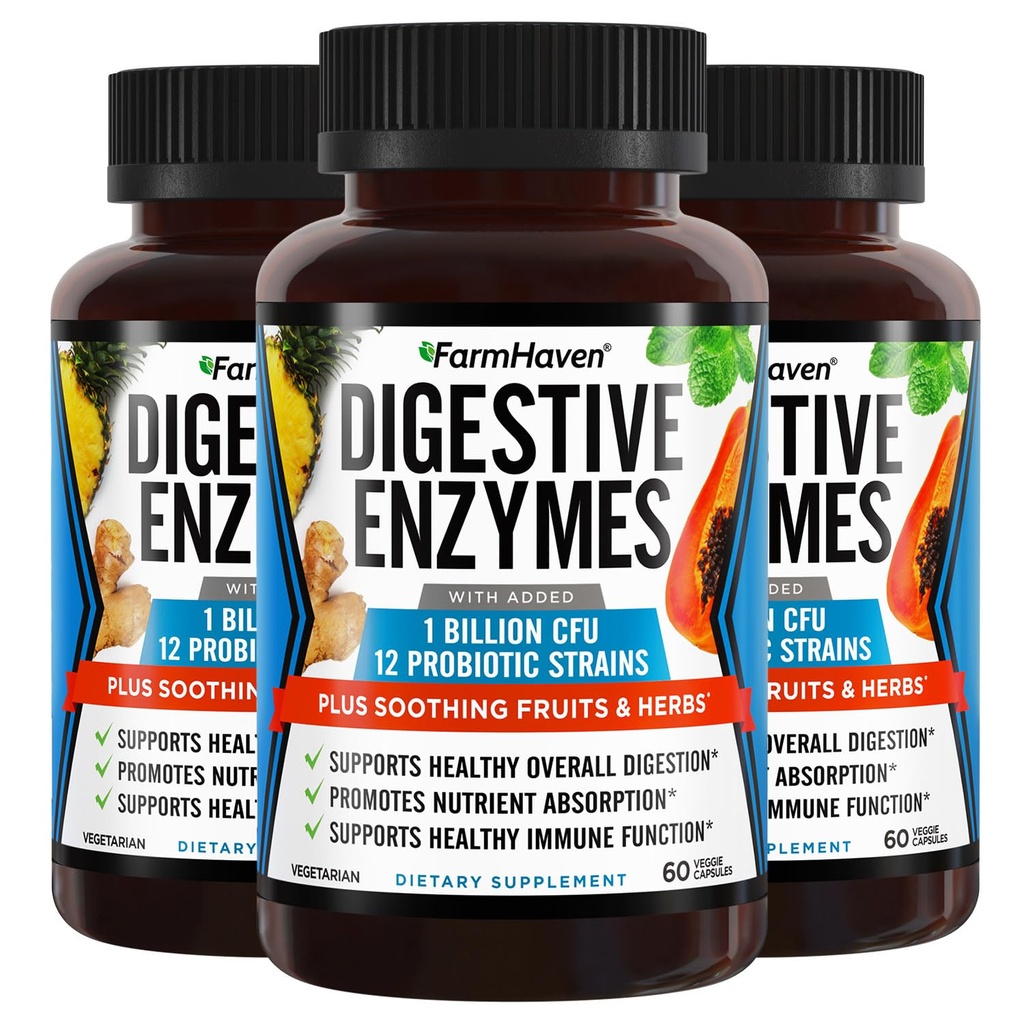 FarmHaven Verdauungsenzyme mit 18 Probiotika & Kräuter | Papaya, Bromelain, Protease & More für Lactose Absorption & Bessere Verdauung | Hilft Bloating, Gas, Verbrauch | Vegetarisch, 180 Kapseln