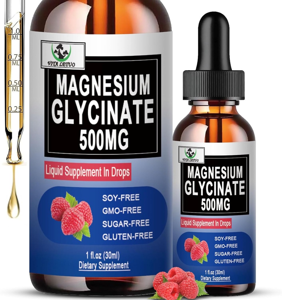 Pure Magnesium Glycinate | Flüssige Magnesiumergänzung 500mg für Schlaf, Nerve, Knochen und Herz Gesundheit | Vegan Glycinate Mag Liquid Drops 6X Hohe Absorption | Non-GMO, Glutenfreie | 30 Servierungen
