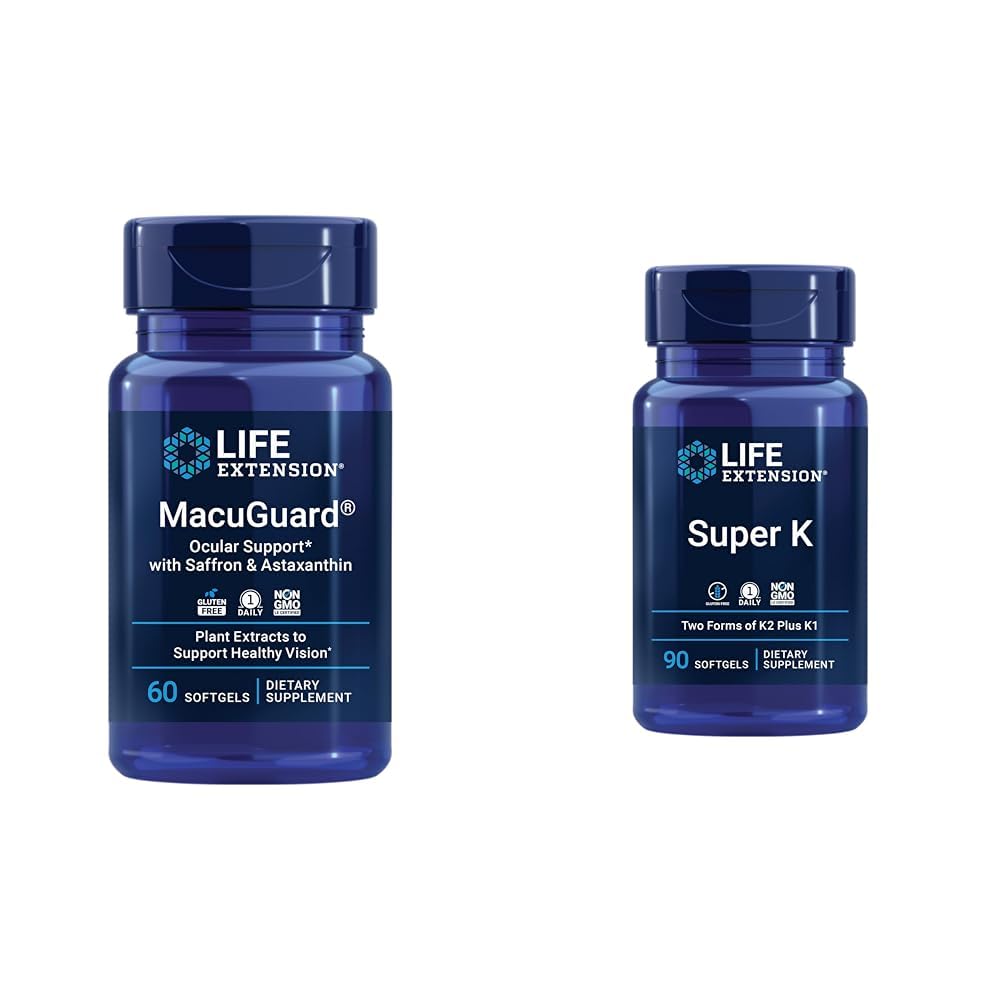 Prolongation de vie Macuguard Supplément santé oculaire avec lutéine, méso-zéaxanthine, safran et astaxanthine - 60 Compte et super K vitamine K1 K2 MK-7 MK-4 vitamine C - 90 Softgels