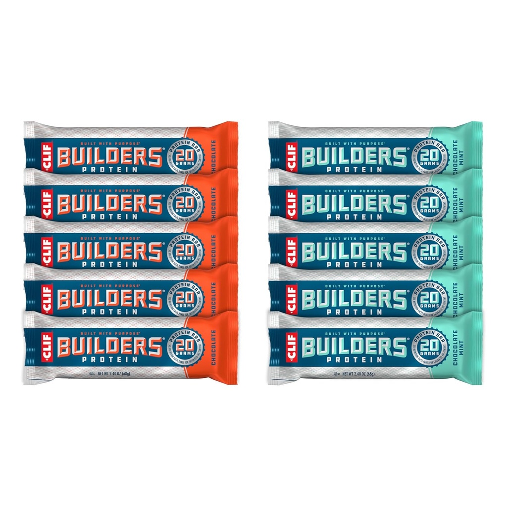 CLIF Builders - Schokoladen- und Schokoladengeschmack - Sorte Pack - Pflanzenbasierte Proteinriegel - Glutenfrei - Non-GMO - Low Glycemic - 20g Protein - 2.4 Unze (10 Count)