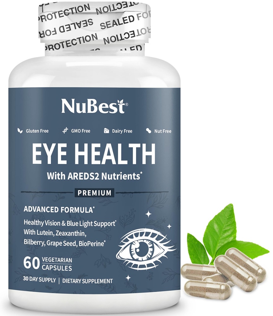 NuBest AREDS 2 Augen Vitamine mit Beta Caroten Karottenpulver, 20mg Lutein, 4mg Zeaxanthin, Bilberry, Grape Seed, BioPerine, B-Komplex, Multivitamin für Augengesundheit | 1 Monat Versorgung