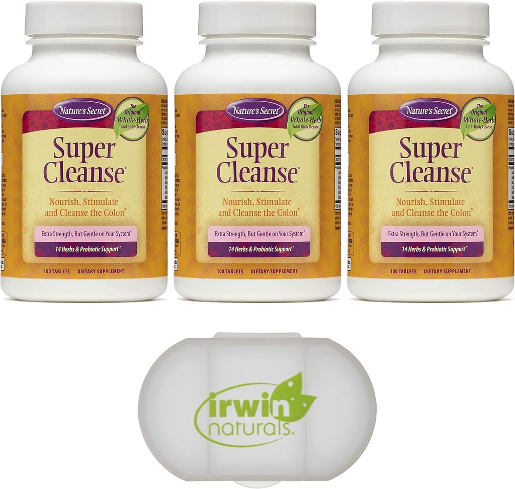 Nature's Secret Super Cleanse Extra Strength Toxin Detox & Gentle Elimination Total Body Cleanse, Digestive & Colon Health Support, 3 Packungen von 100 Tabletten, mit einem Pillen Fall