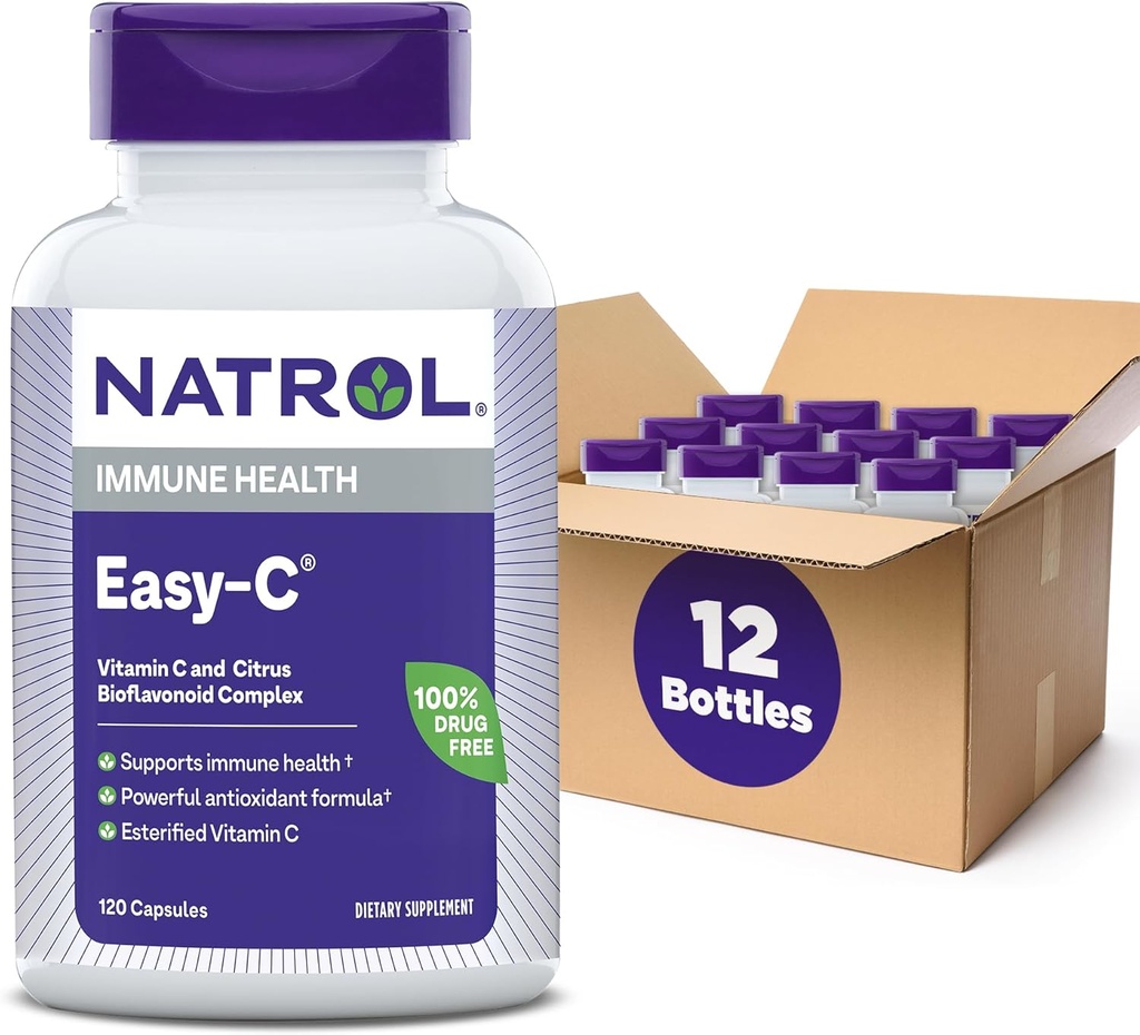 Natrol Easy-C unterstützt Immungesundheit mit Vitamin C und Bioflavonoiden, Bios Vegi Kapseln, 500 mg, 120 Count (Pack von 12)