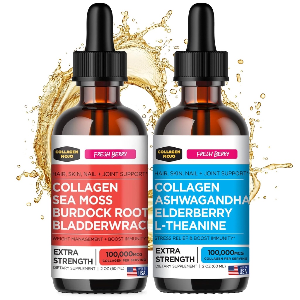 Collagen Mojo Liquid Collagen Peptide mit Sea Moss, Burdock Root & Bladderwrack + Liquid Collagen Peptide mit Ashwagandha, Elderberry & L-Theanine