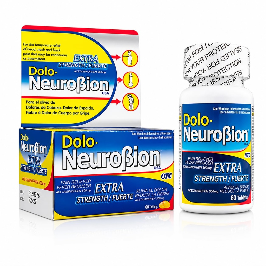 Dolo Neurobion analgésique, réducteur de fièvre, force supplémentaire. Alivia el Dolor, Reduce la Fiebre, Extra Fuerte. 60 comprimés. Acétaminophène 500 mg