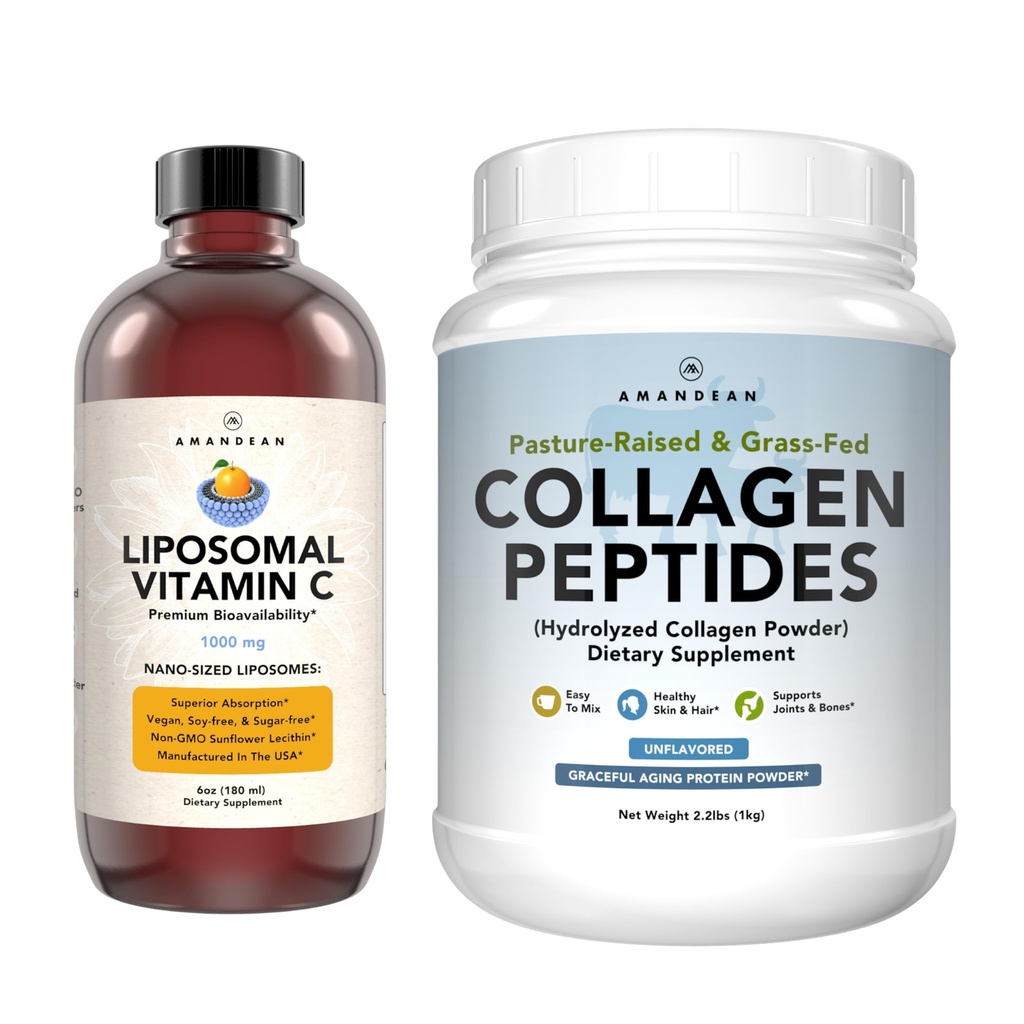 AMANDEAN Premium Liposomas Vitamin C & Bovine Collagen Peptides Bundle. Leistungsstarkes Antioxidans. Liquid Quali-C. Grass-Fed Collagen. Hydrolysiert Typ 1 & 3. Immununterstützung. Gesunde Haut, Haare & Nägel