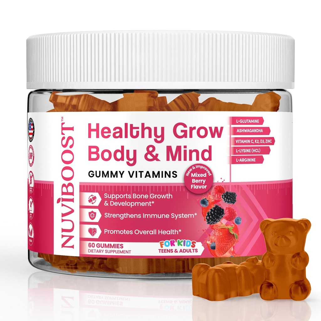 Gommies riches en calcium, vitamines C, D3, K2, L-Arginine, Ashwagandha, et autres, Boost Bone Health & Immunity, Multivitamine, pour les enfants 5+, les adolescents et les adultes.