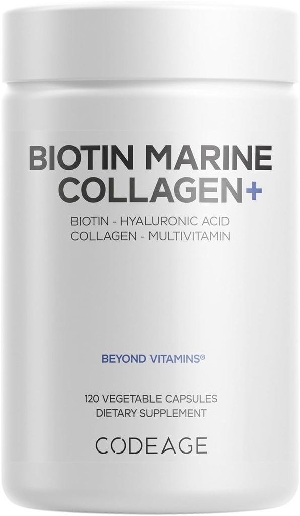 Codeage Biotin Marine Collagen Peptide - Wild-Caught Marine Collagen Typen I & III, Biotin, Vitamine C & E, Hyaluronsäure, Aminosäuren, Frucht- und Kräutermischung, Non-GMO - 120 Kapseln