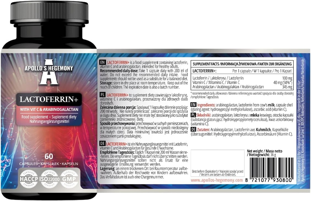 APOLLO'S HEGEMONY Lactoferrin + 100 mg - mit Vitamin C und Arabinogalactan - 60 Vegan Kapseln - 2 Monate Versorgung - für verbesserte Immunität und Eisenabsorption