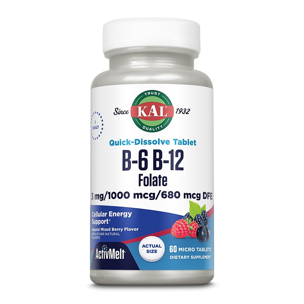 KAL Vitamine B-6, B-12 et supplément à l'acide folique, santé cardiaque, énergie et soutien des cellules du sang rouge*, avec vitamine B12 méthylcobalamine et folate, saveur de baie naturelle, 60 portions, 60 comprimés micro ActivMelt