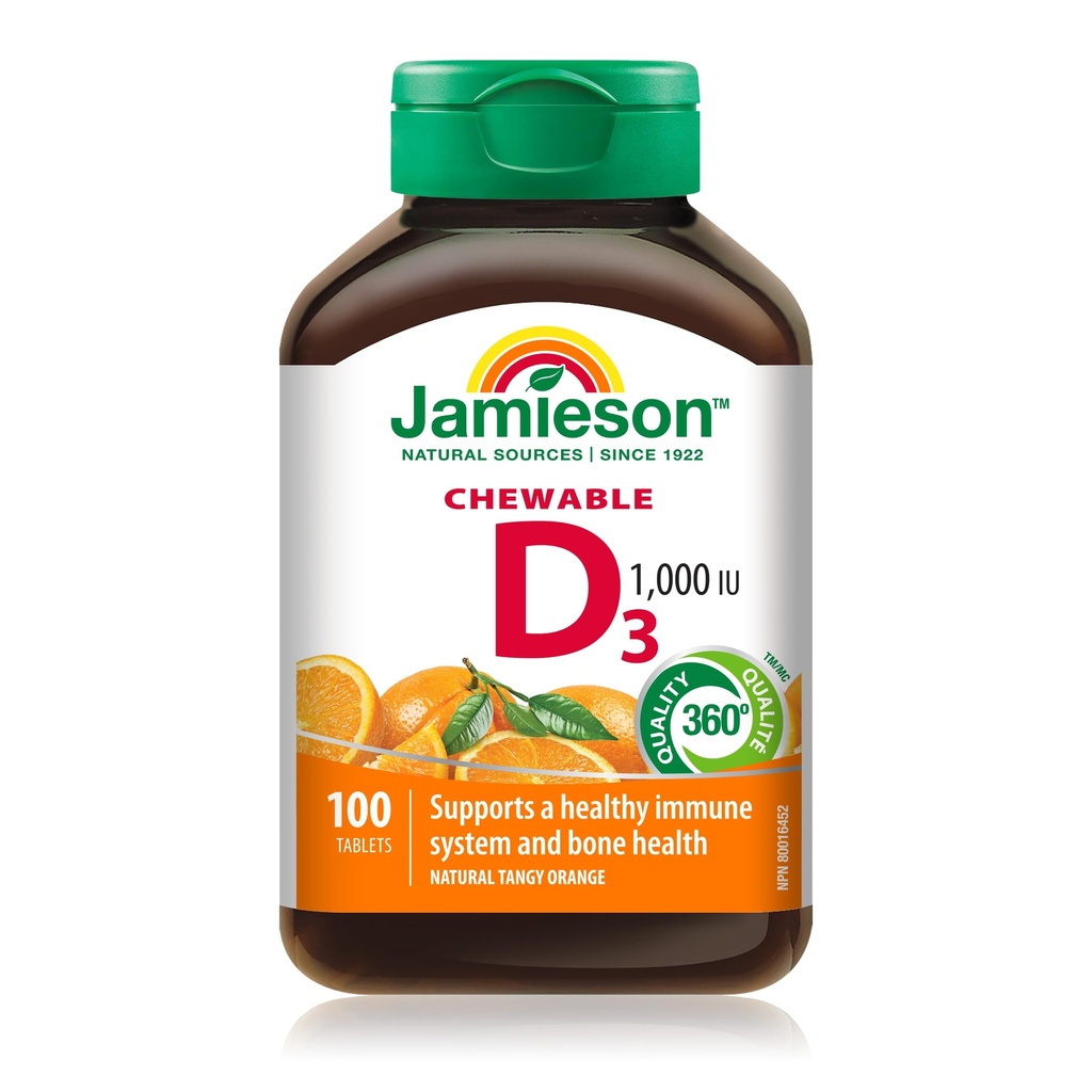 Jamieson Natural Tangy Orange Chewable Vitamine D 1000IU 100 comprimés