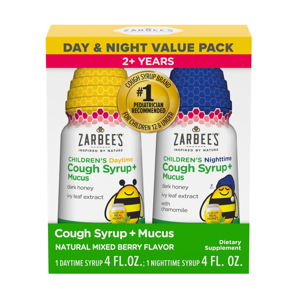 Zarbees Kinder Honig Husten Syrup + Mucus Tag & Nacht Wert Pack, Tag & Nacht Kleinkind Cough Syrup, Dark Honey, Ivy Blatt Extrakt, Kamille, gemischte Berry Flavor, 2X 4 Fl Oz
