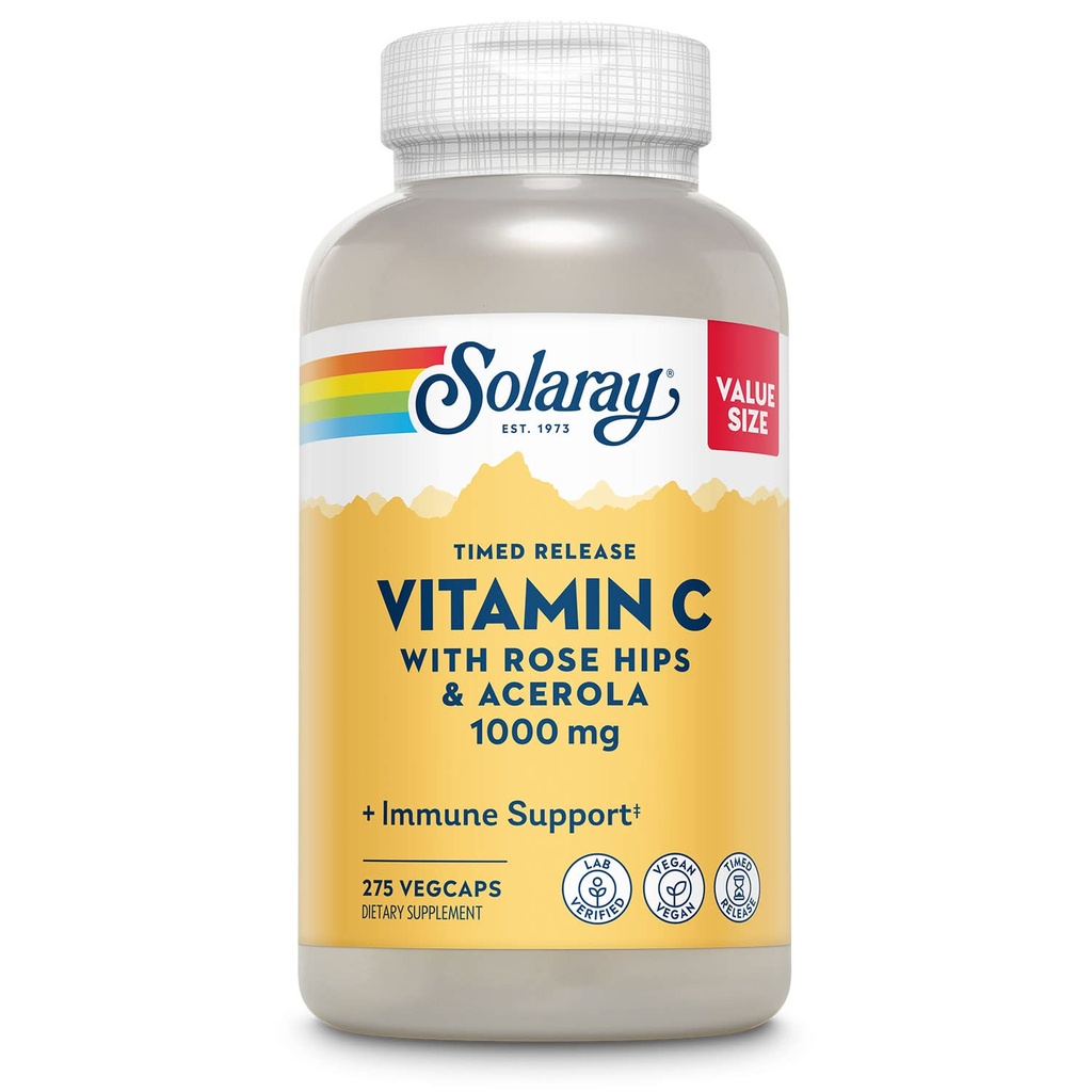 SOLARAY Vitamine C 1000mg Capsules de libération chronométrées avec des bioflavonoïdes Rose HIPS & Acerola, deux niveaux pour une absorption élevée et un support de fonction immunitaire toute la journée, garantie de 60 jours, 275 portions, 275 VegCaps