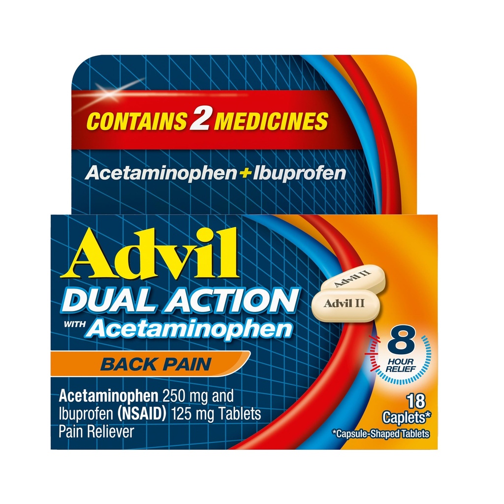 Advil double action Caplets de douleur du dos livre 250mg Ibuprofène et 500mg Acétaminophène par dose pour 8 heures de soulagement de la douleur du dos - 18 Compte