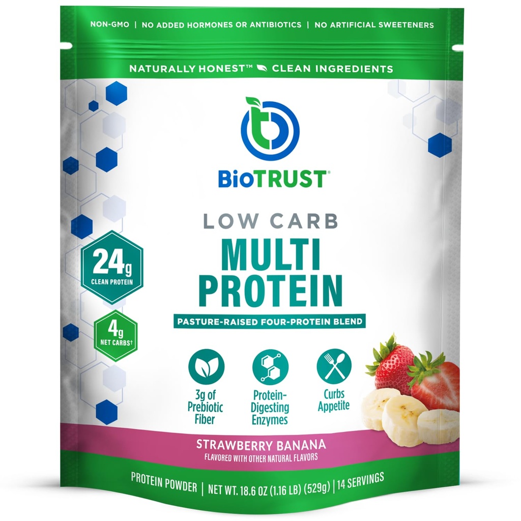 Poudre de protéines BioTrust à faible teneur en glucides – Delicious Whey & Casein Blend de vaches sans hormones à l'herbe – non OGM, sans gluten (banane aux mûres)