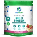 Poudre de protéines BioTrust à faible teneur en glucides – Delicious Whey & Casein Blend de vaches sans hormones à l'herbe – non OGM, sans gluten (banane aux mûres)
