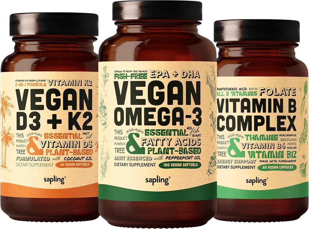 Vegan Omega 3 180 Softgels & Vegan D3 + K2 & Vitamin B Complex Bundle - Pflanzenbasierte DHA & EPA Fettsäuren, 4000 IU Vitamin D3 und 100mcg Vitamin K2, essentielle B Vitamine