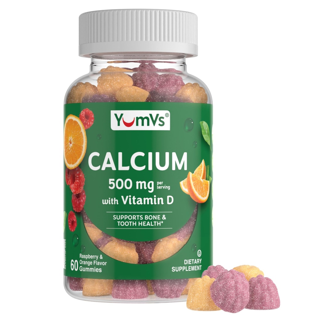 YumVs Calcium 500mg avec vitamine D3 - Gummées de vitamine D à la framboise et à l'orange, supplément de calcium à croquer pour les enfants et les adultes, Gummées de calcium à la vitamine D, sans gluten halal casher (60 Nombre)