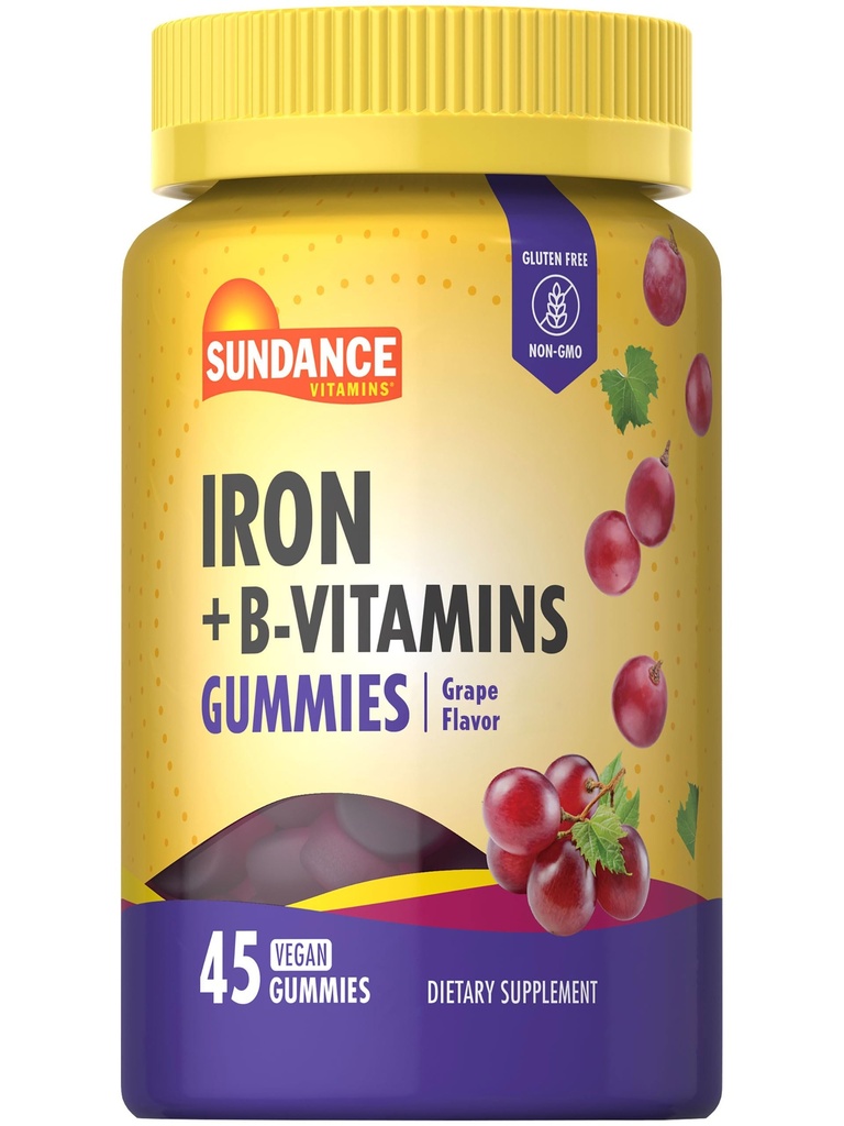 Sundance Iron Gummies | Plus B-Vitamine | 45 Vegane Gummis | Grape Flavor | Vegan, Non-GMO und glutenfreie Ergänzung