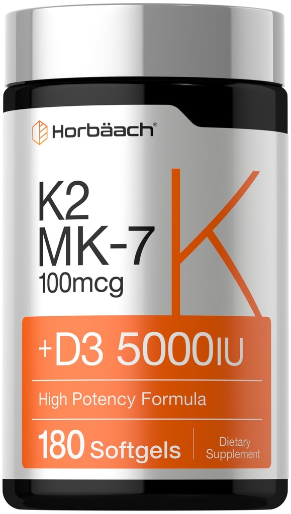 Horbäach Vitamin D3 K2 5000 iu | 100mcg MK-7 Complex | 180 Softgel Kapseln | Non-GMO & Gluten Kostenlose Ergänzung