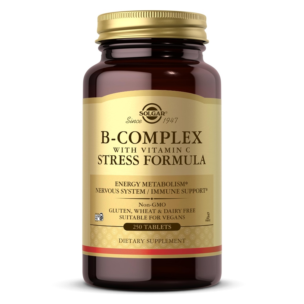Solgar B-Complexe avec la formule de stress de vitamine C, 250 comprimés - Métabolisme énergétique, système nerveux et soutien immunitaire - Non-OGM, végétalien, sans gluten, sans lait, sans casher - 125 portions