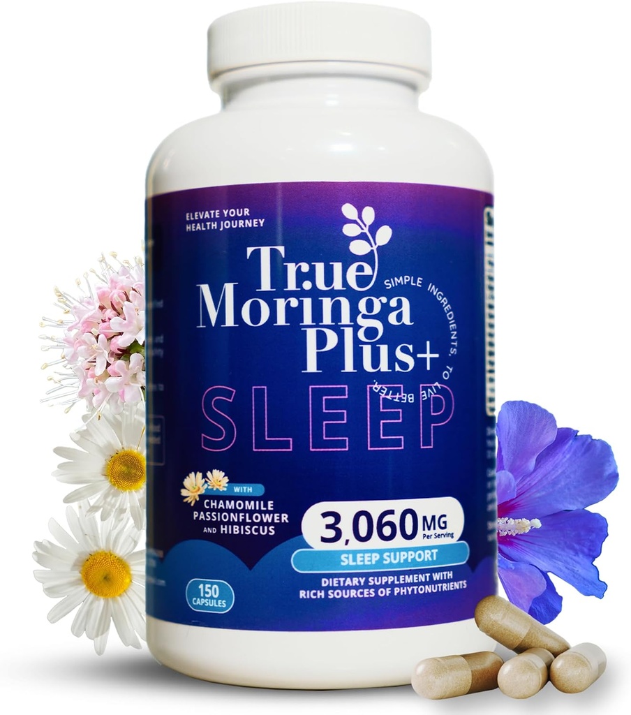 True Moringa Plus+ Supplément de soutien du sommeil 10:1 Extrait de 20 000mg de Moringa biologique, Camomille, Fleur de passion, racine valériane, Hibiscus pour la relaxation