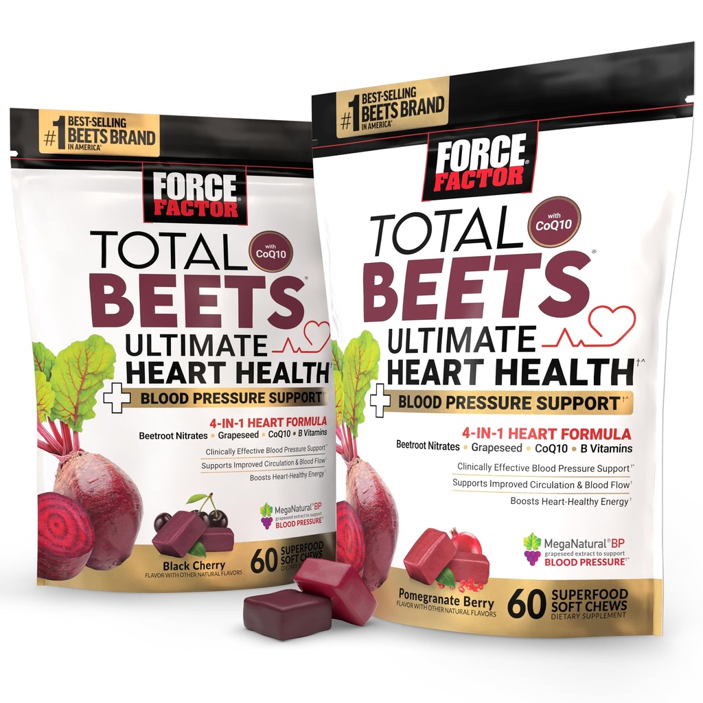 Bundle of Force Factor Total Beets Ultimate Herz-Gesundheits-Blutdruck-Unterstützung Chews mit CoQ10, Beet Root Powder, Grape Seed Extract, Blutdruck-Ergänzung für Zirkulation & Blutfluss, 120 Soft