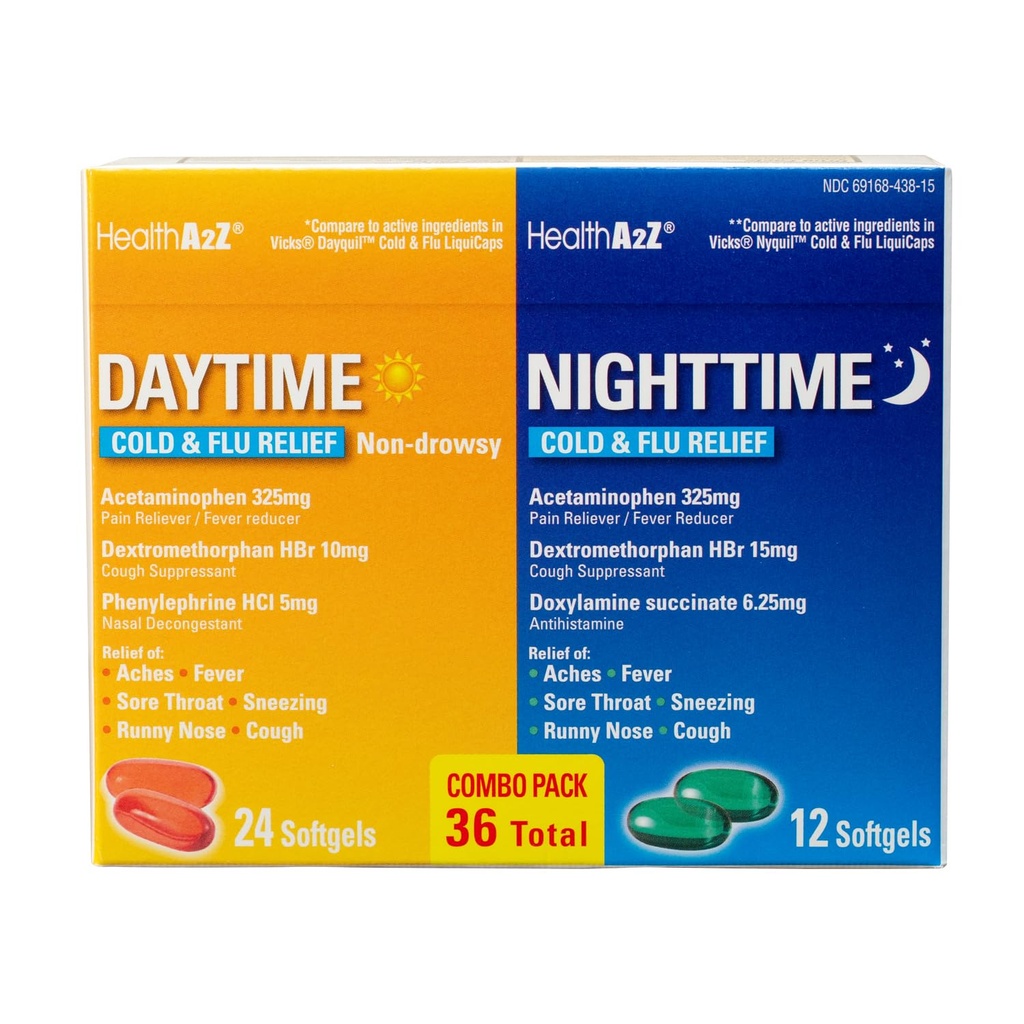HealthA2Z® De jour et de nuit ∙ Médecine du rhume et de la grippe ─ Puissante multisymptômes de jour et de nuit (24 softgels de jour et 12 softgels de nuit) (Combo de jour et de nuit (36 Count Pack de 1)