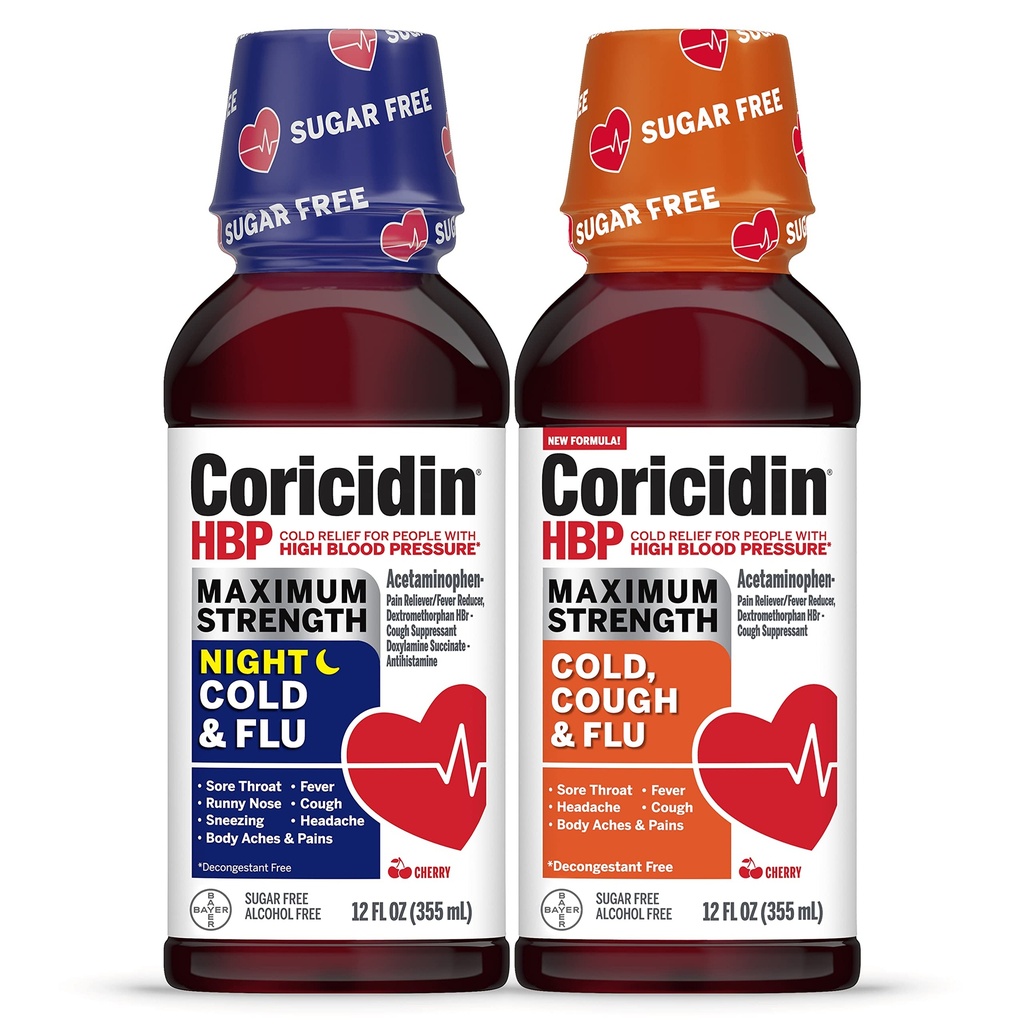 Coricidin HBP Force maximale Cold & Flu Day & Night sans sucre liquide Twinpack, médicaments froids sans décongélation pour adultes avec une pression artérielle élevée -12 Fl Oz (paquet de 2)