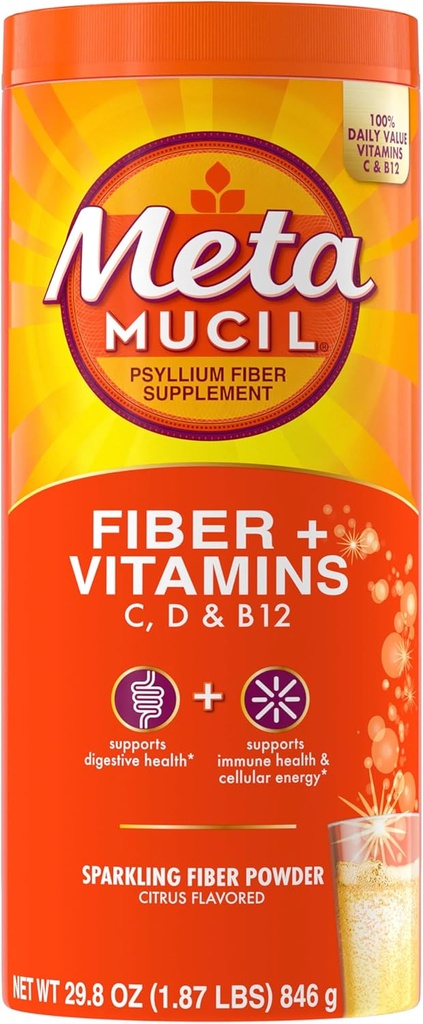 Métamucil Supplément de fibre scintillante + vitamines, Poudre de musc à base de Psyllium végétale avec vitamines C, D & B12, Supplément de fibre quotidienne pour la santé digestive, Aromatisé aux agrumes, sans sucre, 90 portions