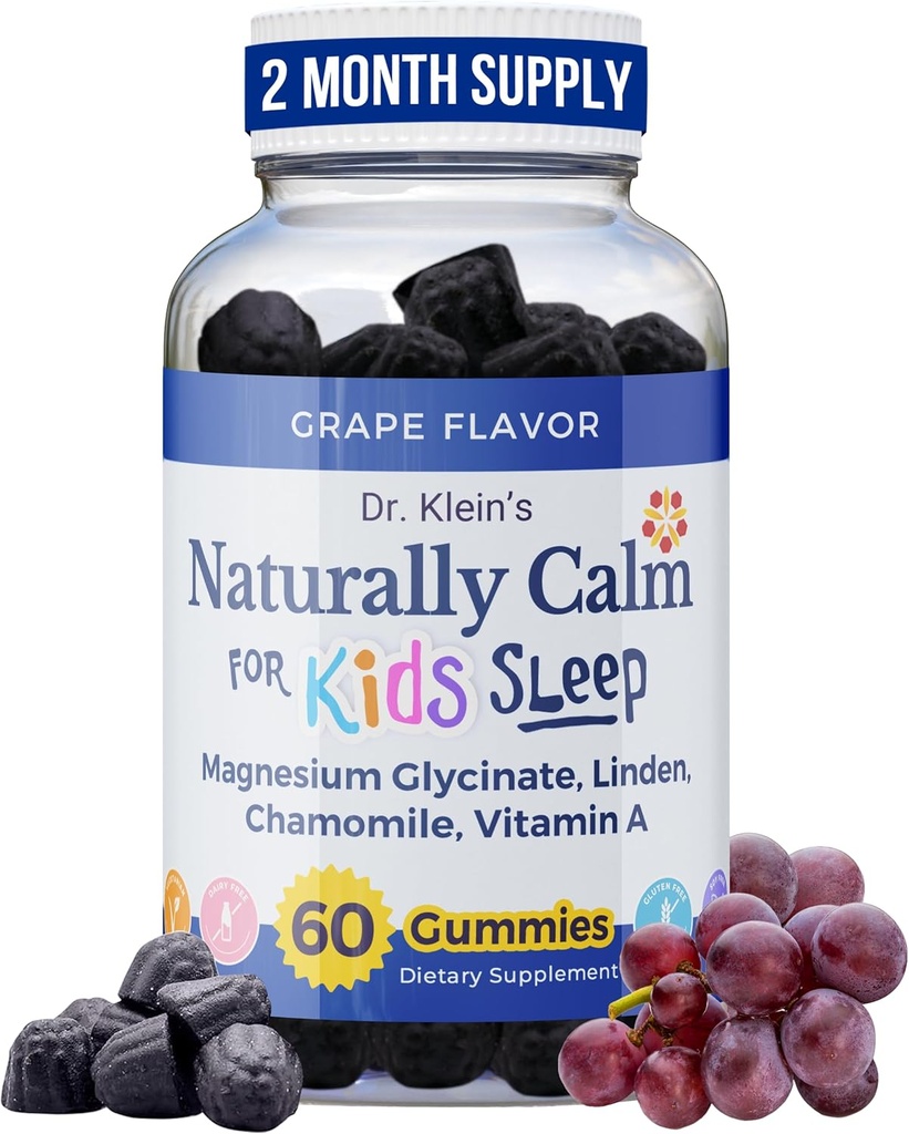 Dr. Klein's Naturally Calm Gummis für Kinder - mit Magnesium Glycinate, Linden & Vitamin A für beruhigende Kinder Alter 5+ - Vitamine zu helfen schlafen - Kamille Gummis - Kalm Chews - Grape Sugar-Free 60ct