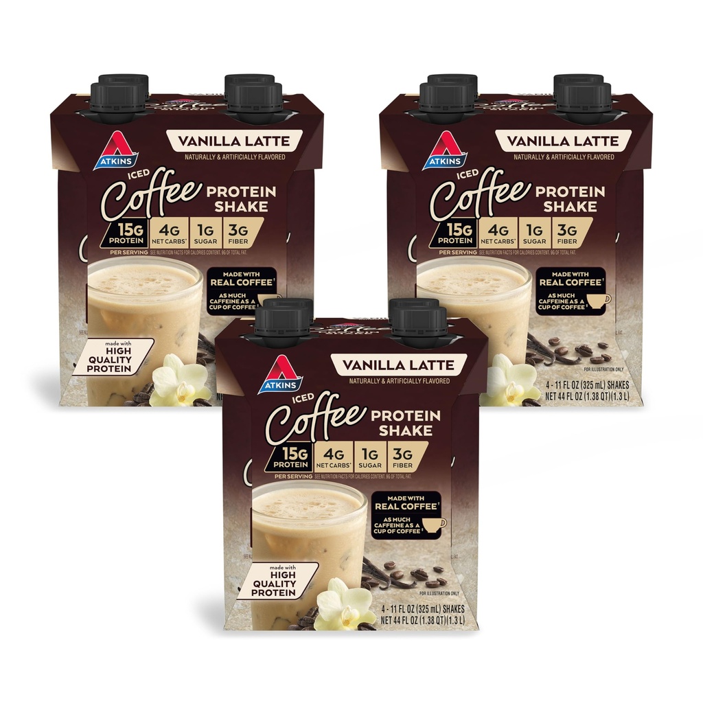 Atkins Iced Coffee Vanilla Latte Protein Shake, 15g Protéines, Faible Glycémie, 4g Net Carb, 1g Sucre, Keto Friendly, 12 paquets de 11 fl Oz