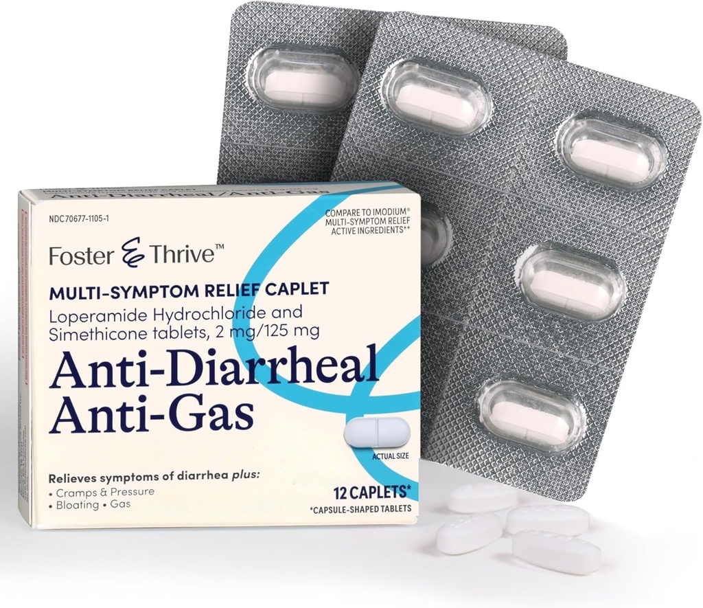 Foster & Thrive Loperamid Hydrochlorid und Simethicone Anti-Gas Multi-Symptom Relief, 48 Caplets, Behandlung von Durchfall, Gas, Bloating, Cramps & Druck, 12 Caplets (Pack von 4)