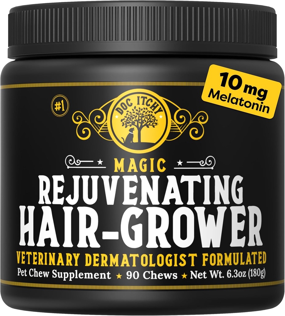 Doc Itchy Rejuvenating Hair-Grower Dog Pet Chews | 10mg Melatonin für Hunde | Hair Growth Booster | Senior Dog Energizer | Calming | Medical-Strength | Food Allergy Safe | Vegan | 90 Count