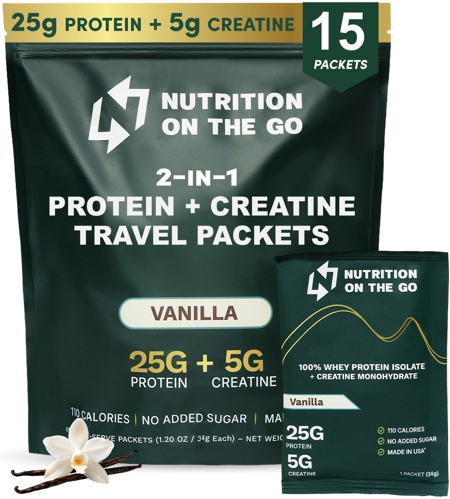 Nutrition On The Go Whey Protein Isolate Packets with Creatine – 25g Protéines + 5g Créatine – Poudre de protéines voyage mono-serve – Vanille (15-Pack)