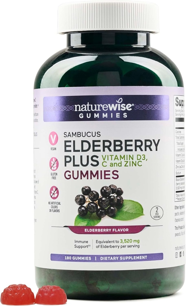 NatureWise Sambucus Elderberry Gummies - Immununterstützungsergänzung für Kinder Alter 4+ & Erwachsene mit Vitamin C, D3, Zink - Elderberries Entspricht 3520mg - Vegan, Non-GMO - 180 Count[90-Day Supply]