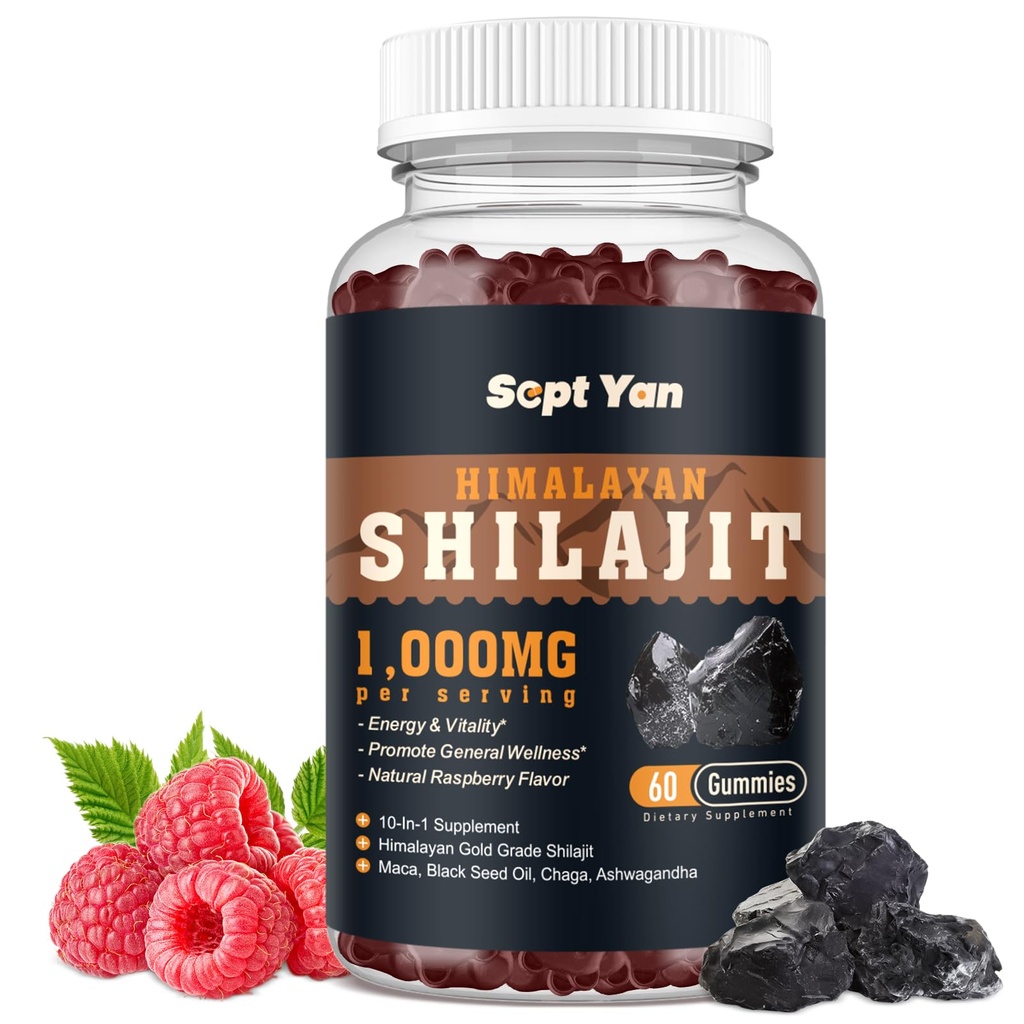 Shilajit Gummies 1000mg - Shilajit Pure Himalayan Organic für Herren & Frauen 85+ Trace Minerals Shilajit Resin mit Ashwagandha, Maca, Black Seed Oil - Energie, Gehirn, Immunität, Sugar Free Raspberry 60ct