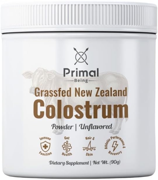 Primal Being Grassfed Beef Colostrum - Unterstützt Immunfunktion, Gut Gesundheit, Haar, Anti-Aging, Athletische Leistung, Erholung - 90 Gramm ungeflammt Pulver, 3000 mg pro Servieren