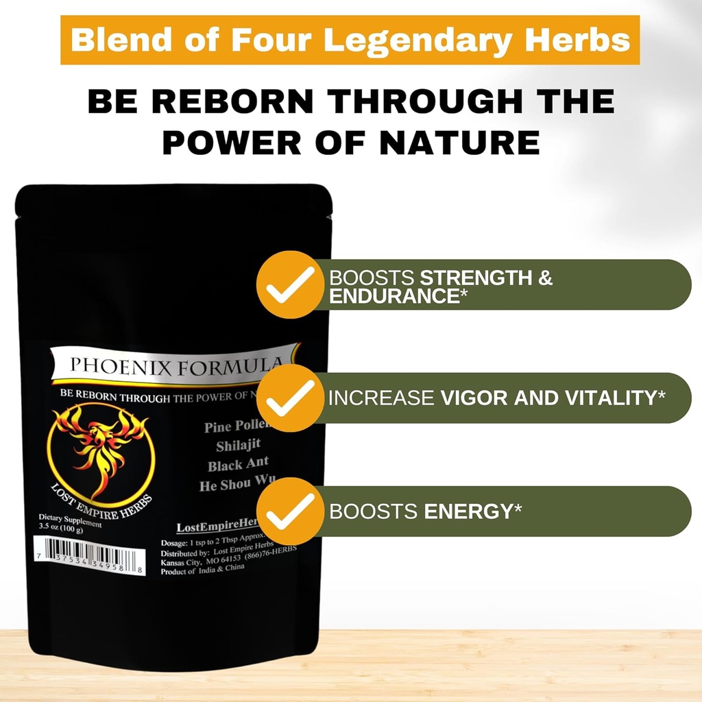 Phoenix Rejuvenation Formel - Lost Empire Kräuter Energie Mischung von 4 Top Natural Health Kräuter Kiefer Pollen, He Shou Wu, Ant, und Shilajit (100g Pulver)