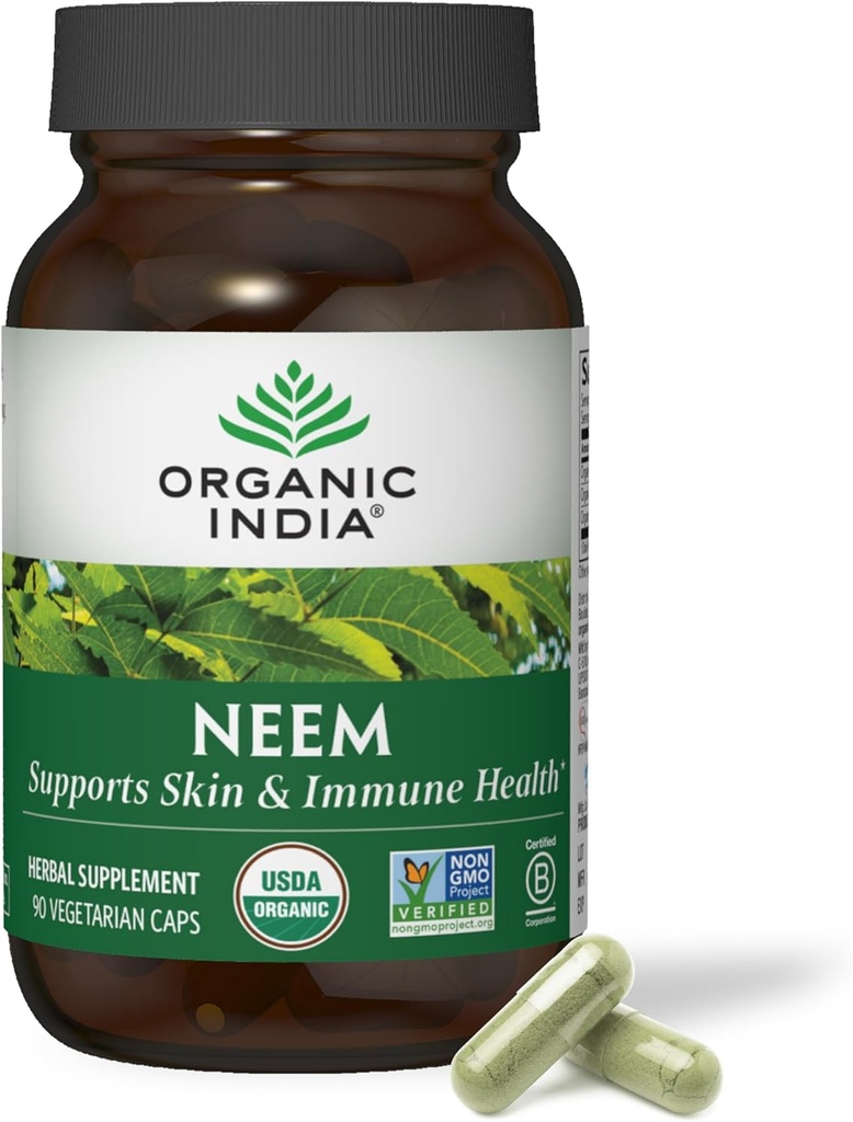 ORGANIC INDIA Neem Leaf Capsules - Kräuterergänzung, unterstützt Haut- und Immungesundheit, Vegan, Glutenfrei, USDA Certified Organic - 90 Count